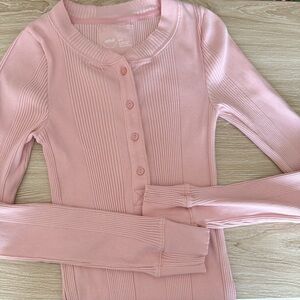 Aerie Medium Baby Pink Henley Rib Long Sleeve Preppy Lounge Fitted Elena